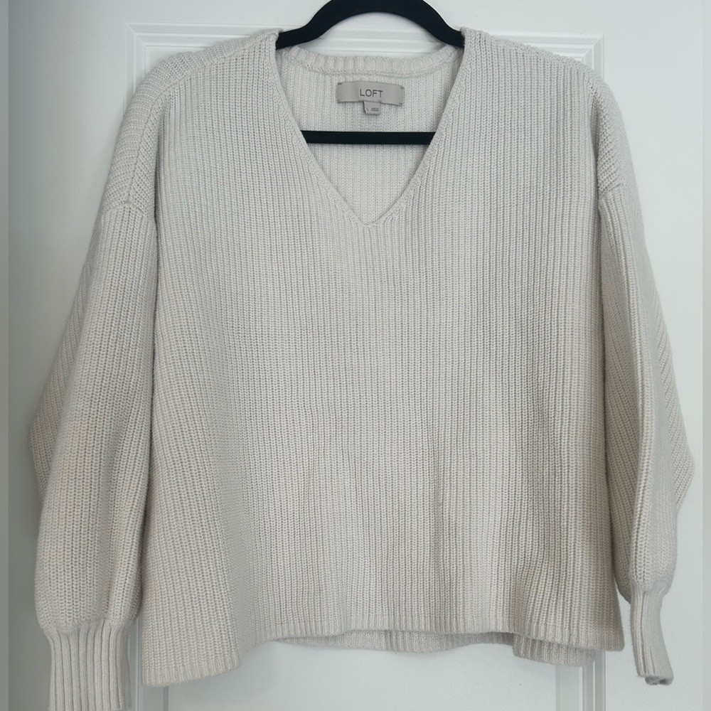 LOFT Cream V-Neck Sweater with Relaxed Fit